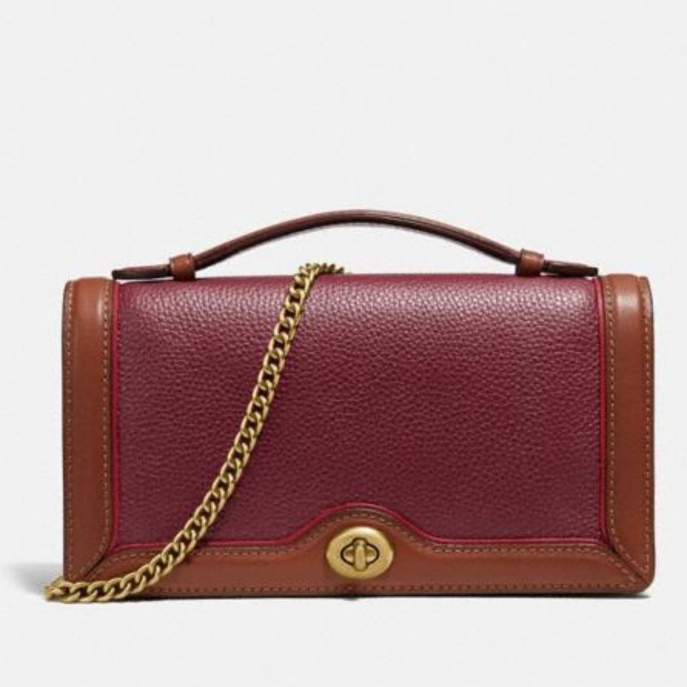 Coach Riley Chain Clutch Colorblock Maroon Brown